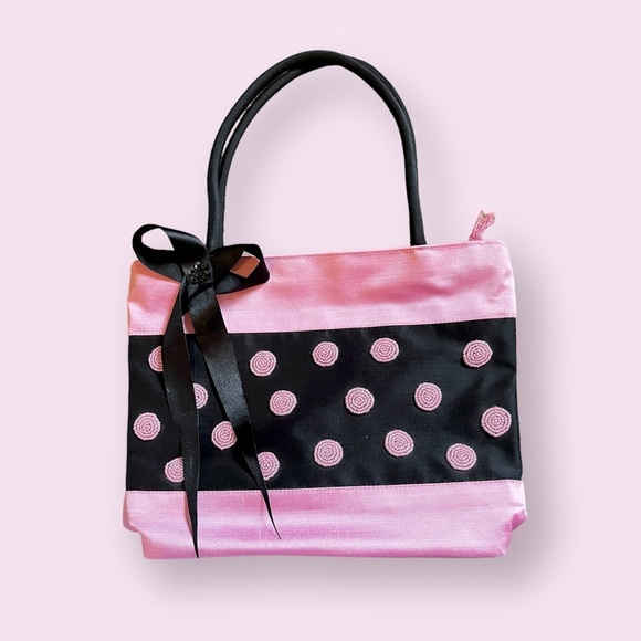 Beaded Y2K Pink Purse Black Accents Vintage Polka Dot Hand Bag Silky Tassle Bow - Picture 1 of 10